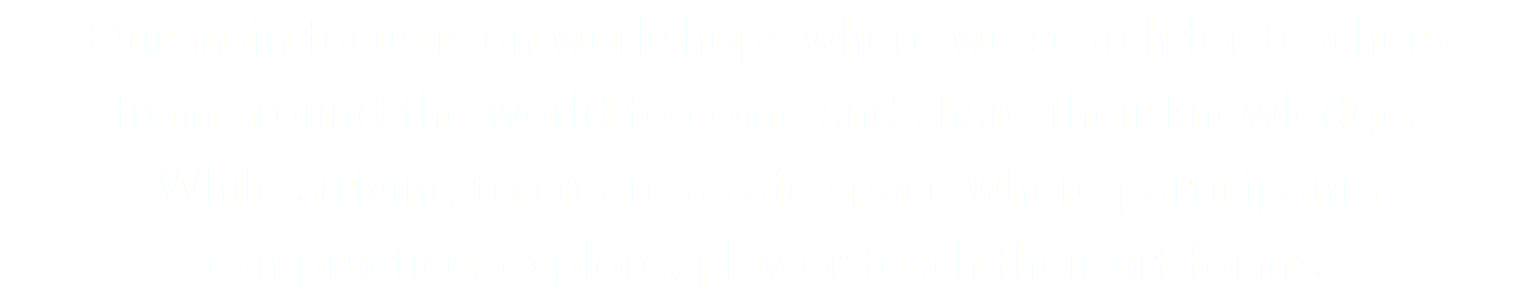 Our main focus is on workshops where we search for teachers  from around the world to come and share their knowledge. While striving to create a safe space where participants can practice, explore, play or teach their art forms.