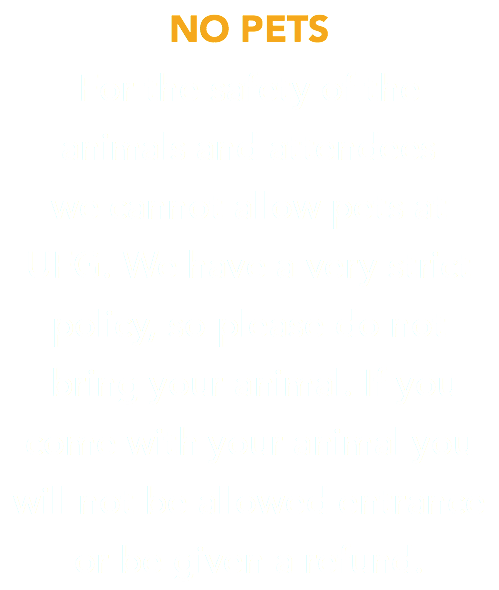 NO PETS For the safety of the  animals and attendees  we cannot allow pets at  UFG. We have a very strict policy, so please do not  bring your animal. If you come with your animal you will not be allowed entrance or be given a refund.
